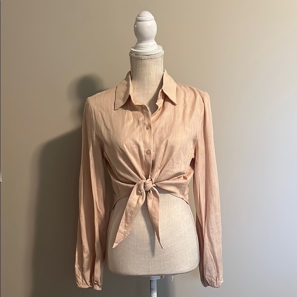 Lulu's Tan Long Sleeve Button Down with Notched Collar
